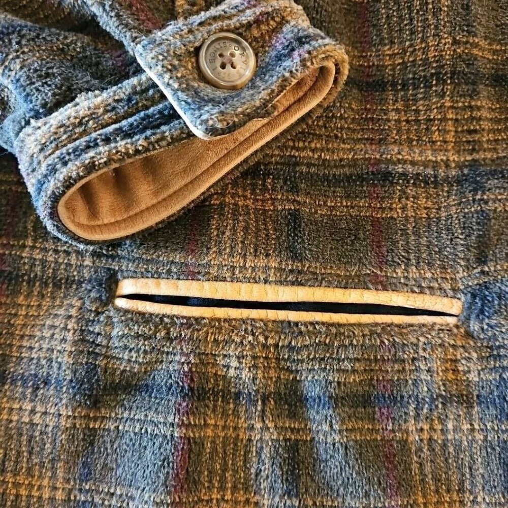 Orvis Fleece Teddy Jacket Mens XL Brown Black Plaid Faux Suede Utility Vintage - Picture 6 of 13
